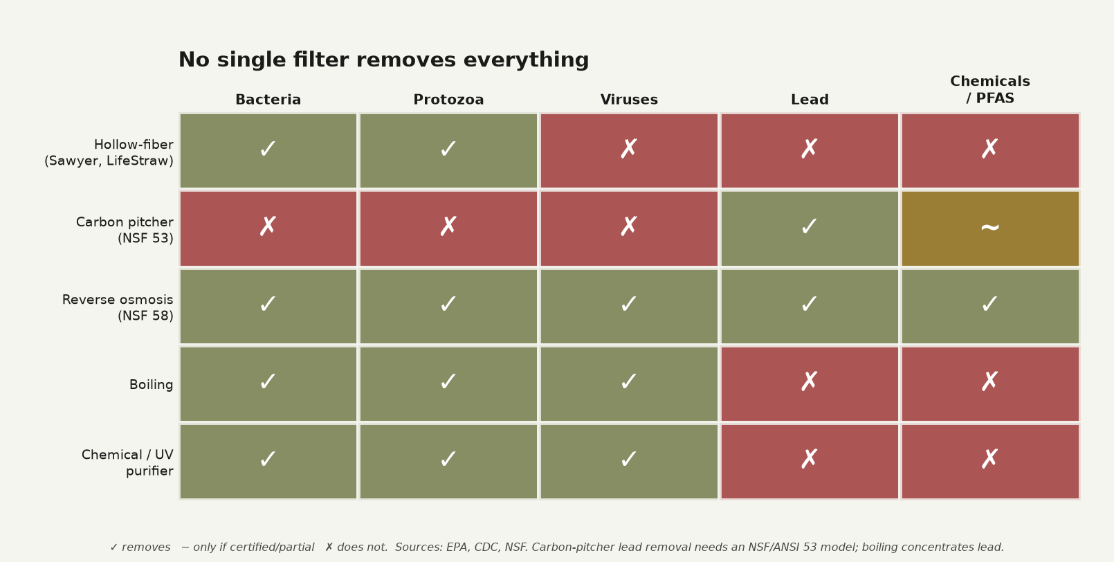 Matrix chart showing which filter types remove which contaminants: hollow-fiber, carbon pitcher, reverse osmosis, boiling, and chemical/UV purifier against bacteria, protozoa, viruses, lead, and chemicals/PFAS.